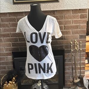PINK Victoria's Secret White Sequin Heart Tee